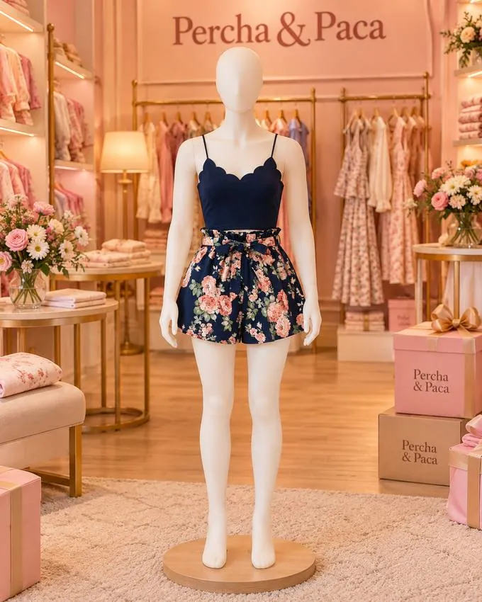 Set azul marino con short floral en la vitrina de Percha & Paca