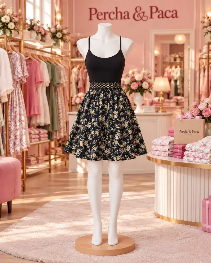 Vestido negro con falda floral en la vitrina de Percha & Paca