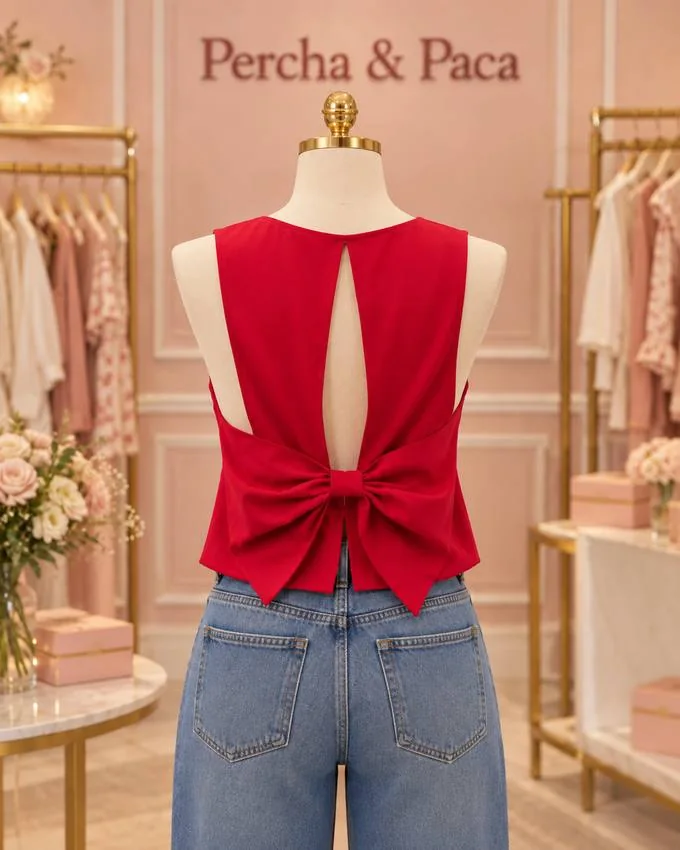 Blusa roja con lazo, espalda, en la vitrina de Percha & Paca