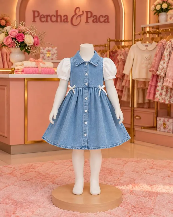 Vestido jean camisero con mangas blancas en la vitrina de Percha & Paca