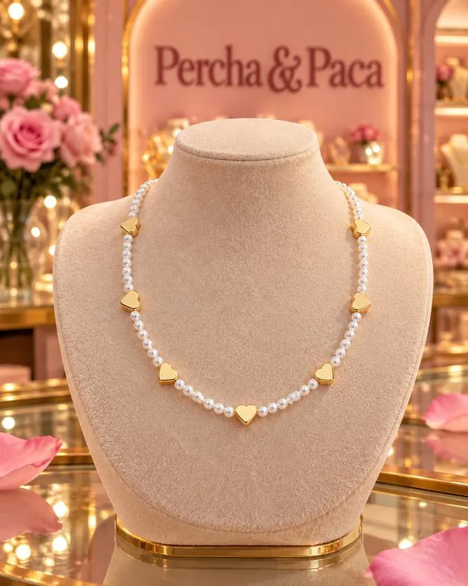 Collar perlas y corazones en la vitrina de Percha & Paca