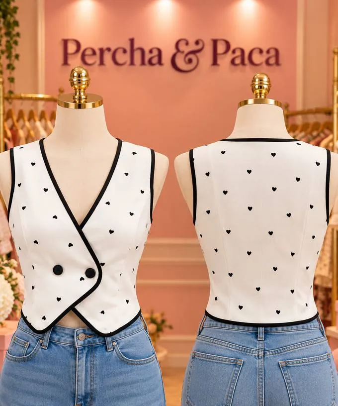 Chaleco de corazones en la vitrina de Percha & Paca