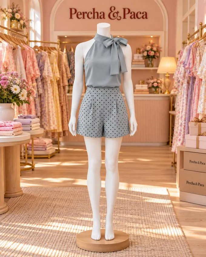Set gris de blusa con lazo y short de lunares en la vitrina de Percha & Paca