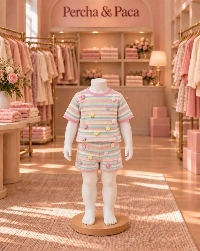 Set de polo y short a rayas con florecitas en la vitrina de Percha & Paca