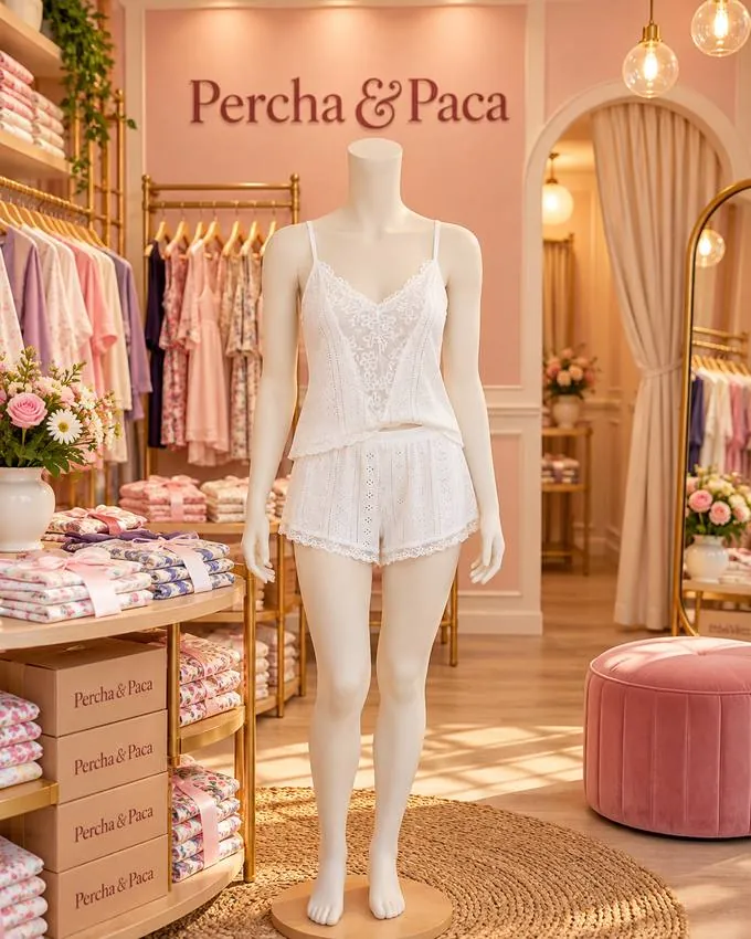 Set blanco calado con encaje en la vitrina de Percha & Paca