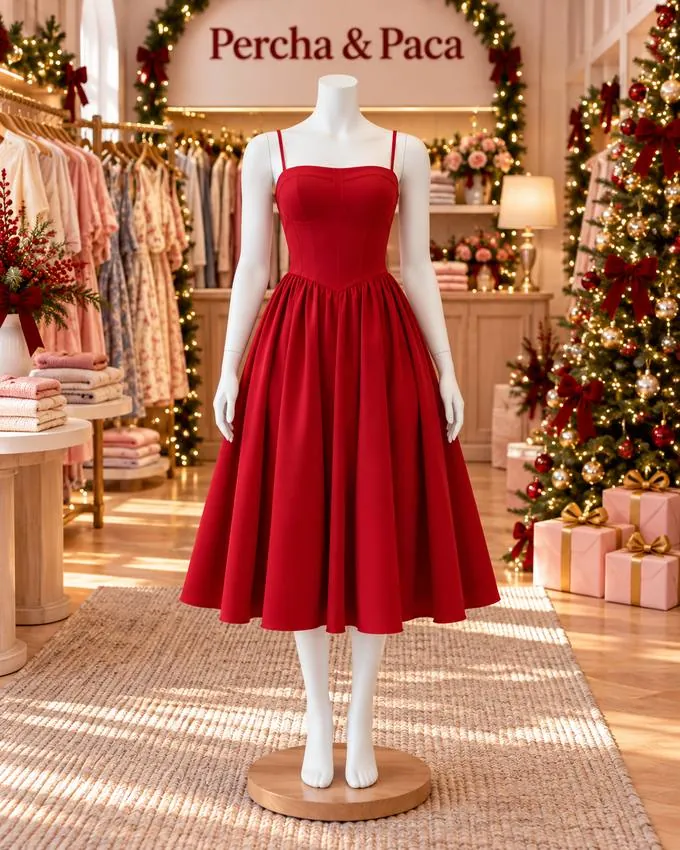 Vestido midi rojo con corsé en la vitrina de Percha & Paca