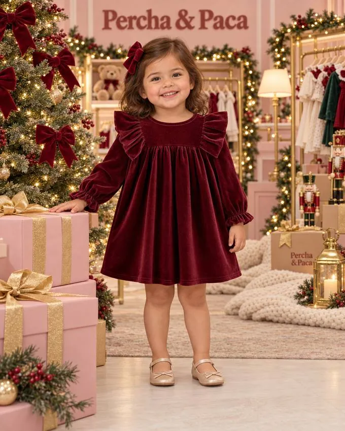 Vestido vino de terciopelo en la vitrina de Percha & Paca