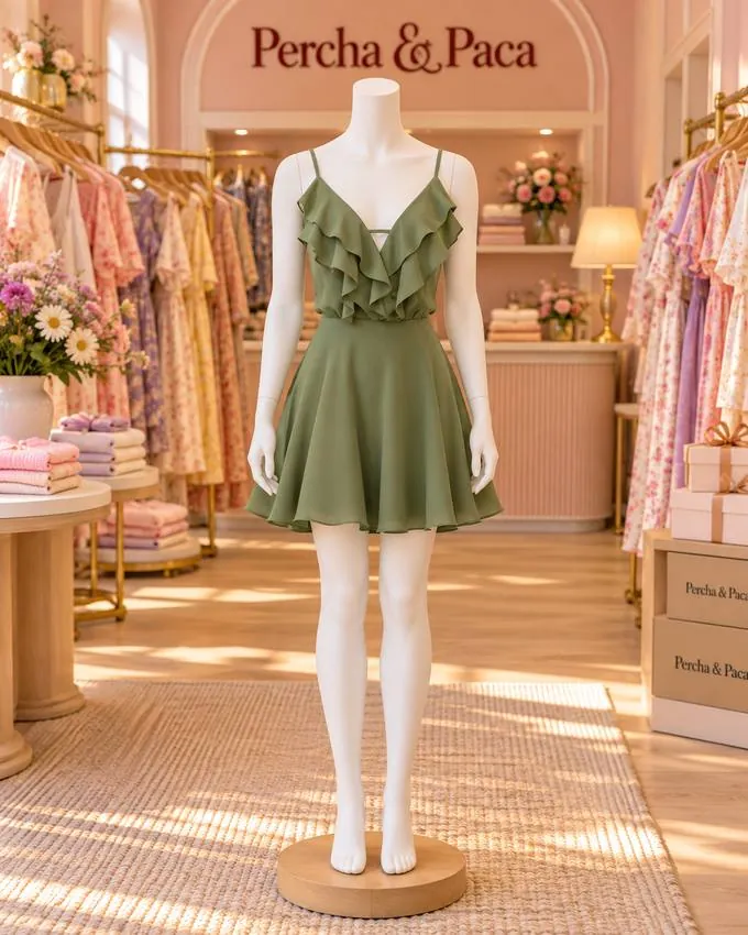 Vestido verde salvia con volantes en la vitrina de Percha & Paca