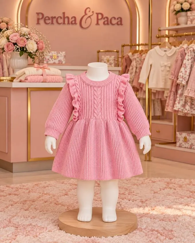 Vestido rosado de trenzas con volantes en la vitrina de Percha & Paca