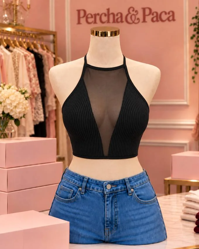 Halter negro con tul en la vitrina de Percha & Paca