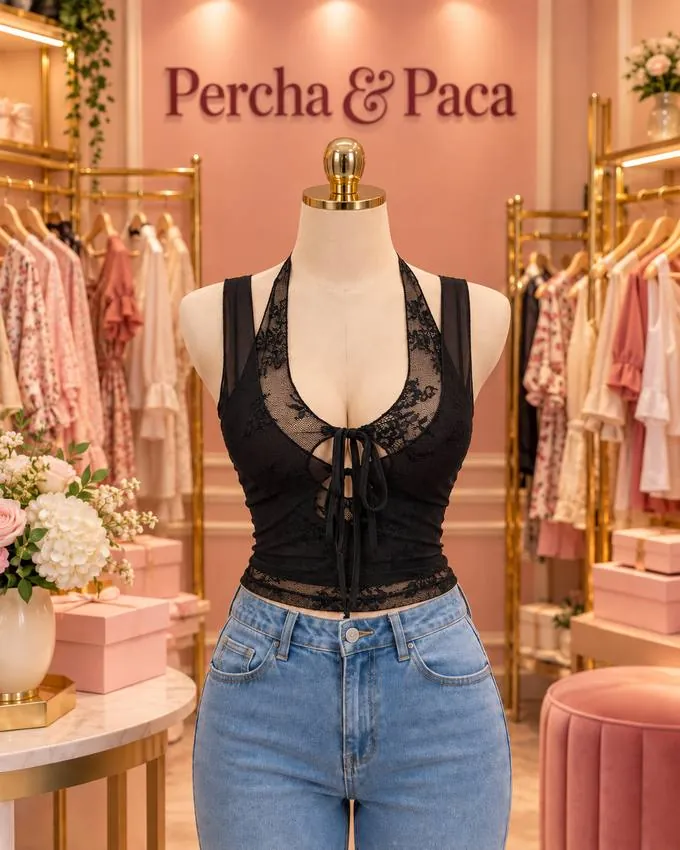 Encaje negro con lazos en la vitrina de Percha & Paca