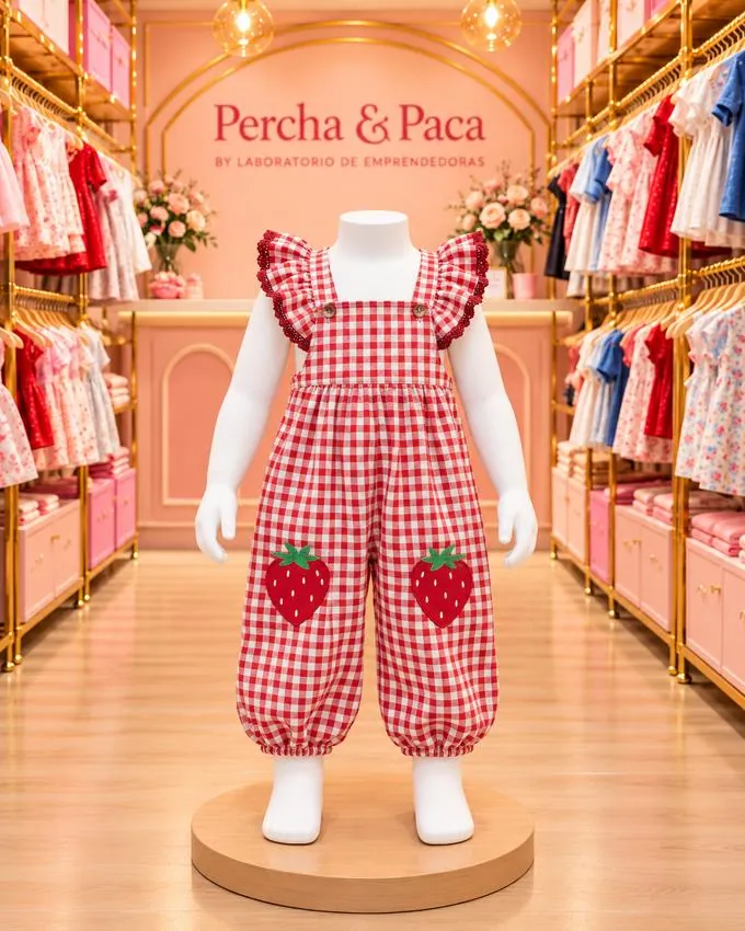 Cuadritos rojos con fresas y vuelos en la vitrina de Percha & Paca