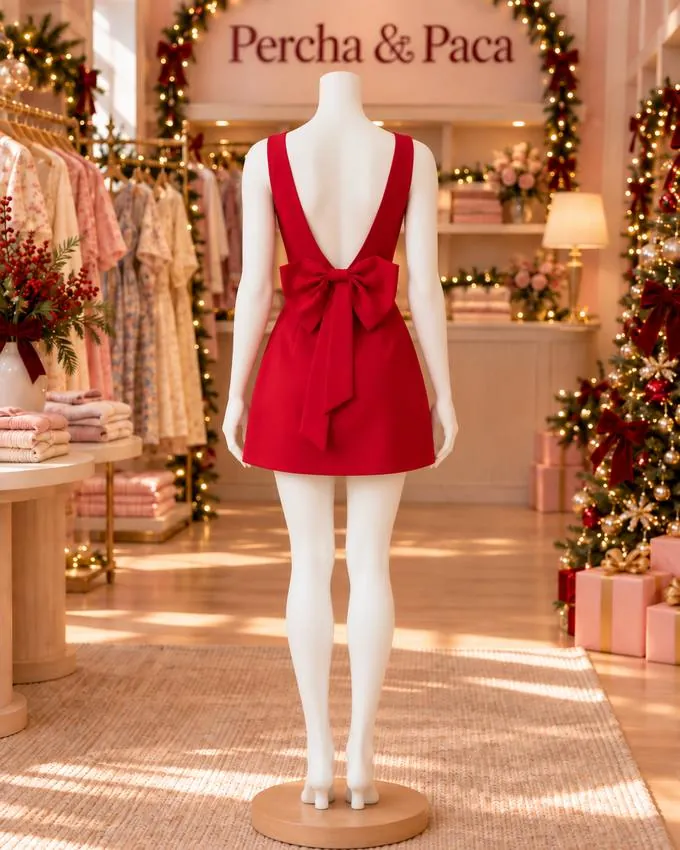 Vestido rojo con lazo en la espalda, espalda en la vitrina de Percha & Paca