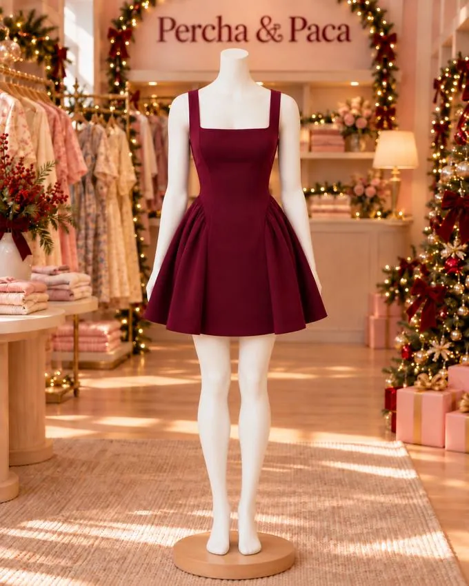 Vestido vino con lazo en la espalda, frente en la vitrina de Percha & Paca