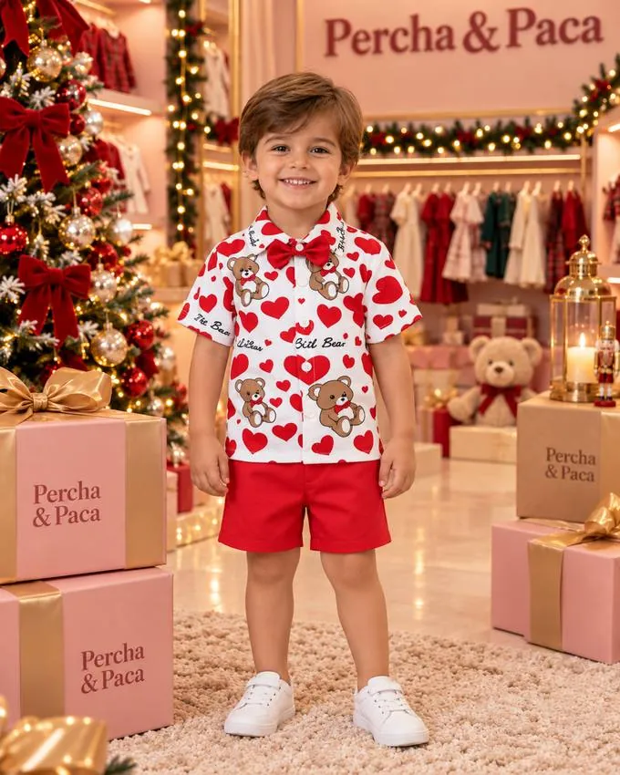 Camisa de ositos con short y corbatín en la vitrina de Percha & Paca
