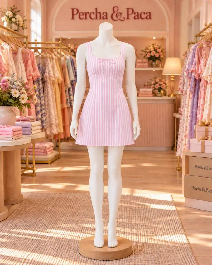 Vestido de rayas rosa con lacito en la vitrina de Percha & Paca