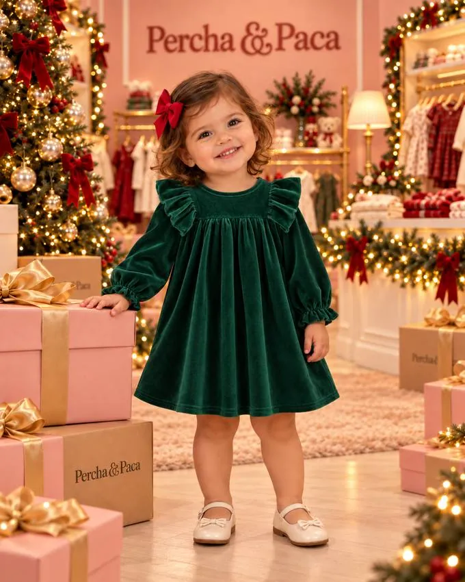 Vestido verde de terciopelo en la vitrina de Percha & Paca