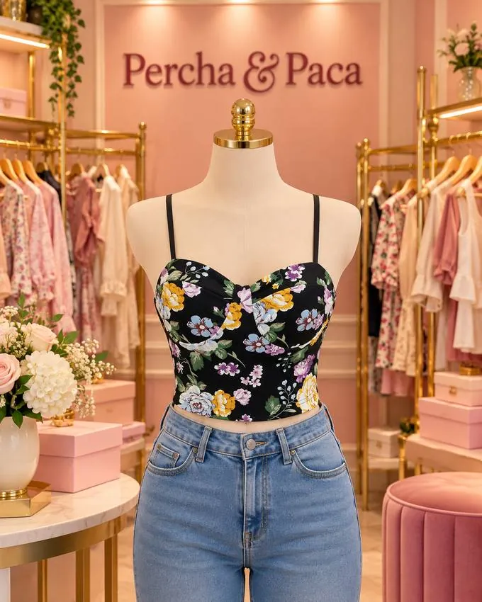 Corsé negro floral en la vitrina de Percha & Paca
