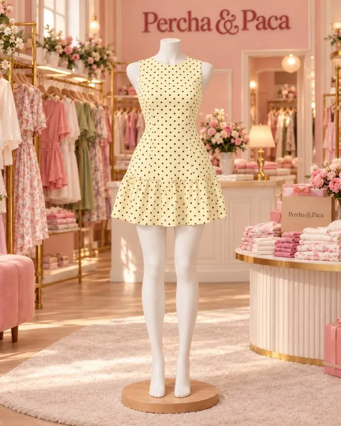 Vestido amarillo de lunares con volante en la vitrina de Percha & Paca