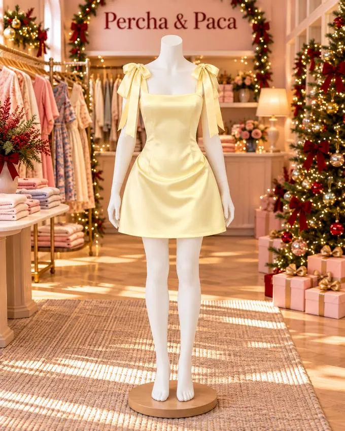 Vestido de satín amarillo con lazos en la vitrina de Percha & Paca