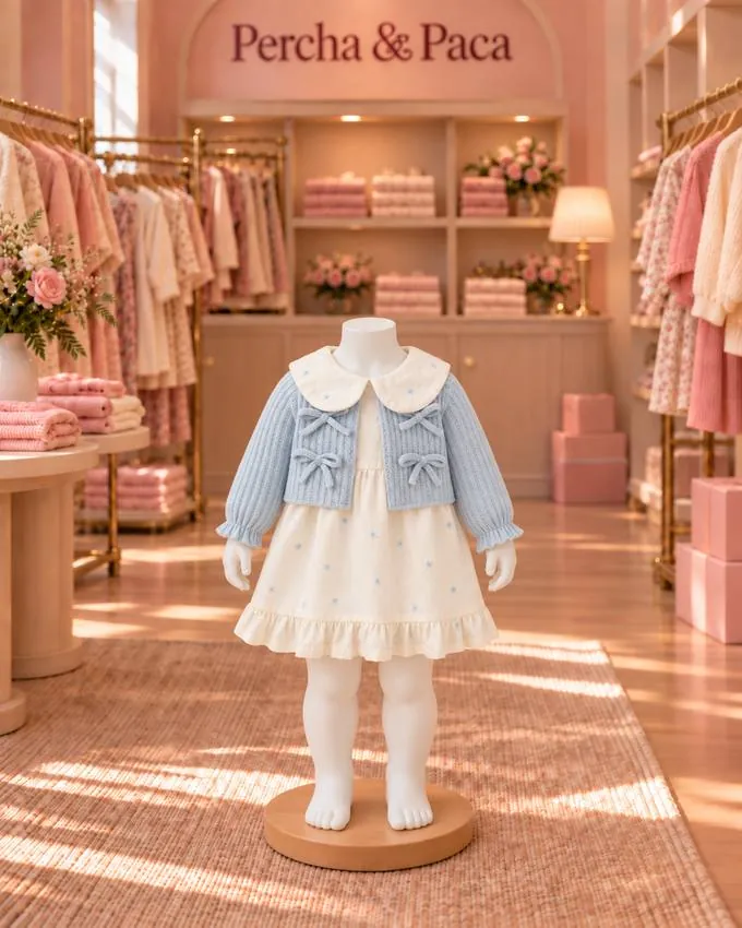 Set cárdigan celeste con vestido blanco en la vitrina de Percha & Paca