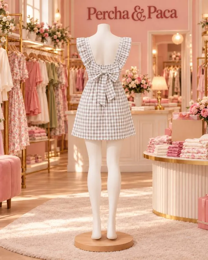 Vestido vichy beige con lazo en la espalda, espalda en la vitrina de Percha & Paca