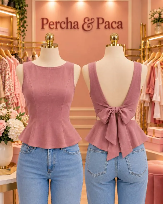 Blusa palo rosa con peplum en la vitrina de Percha & Paca