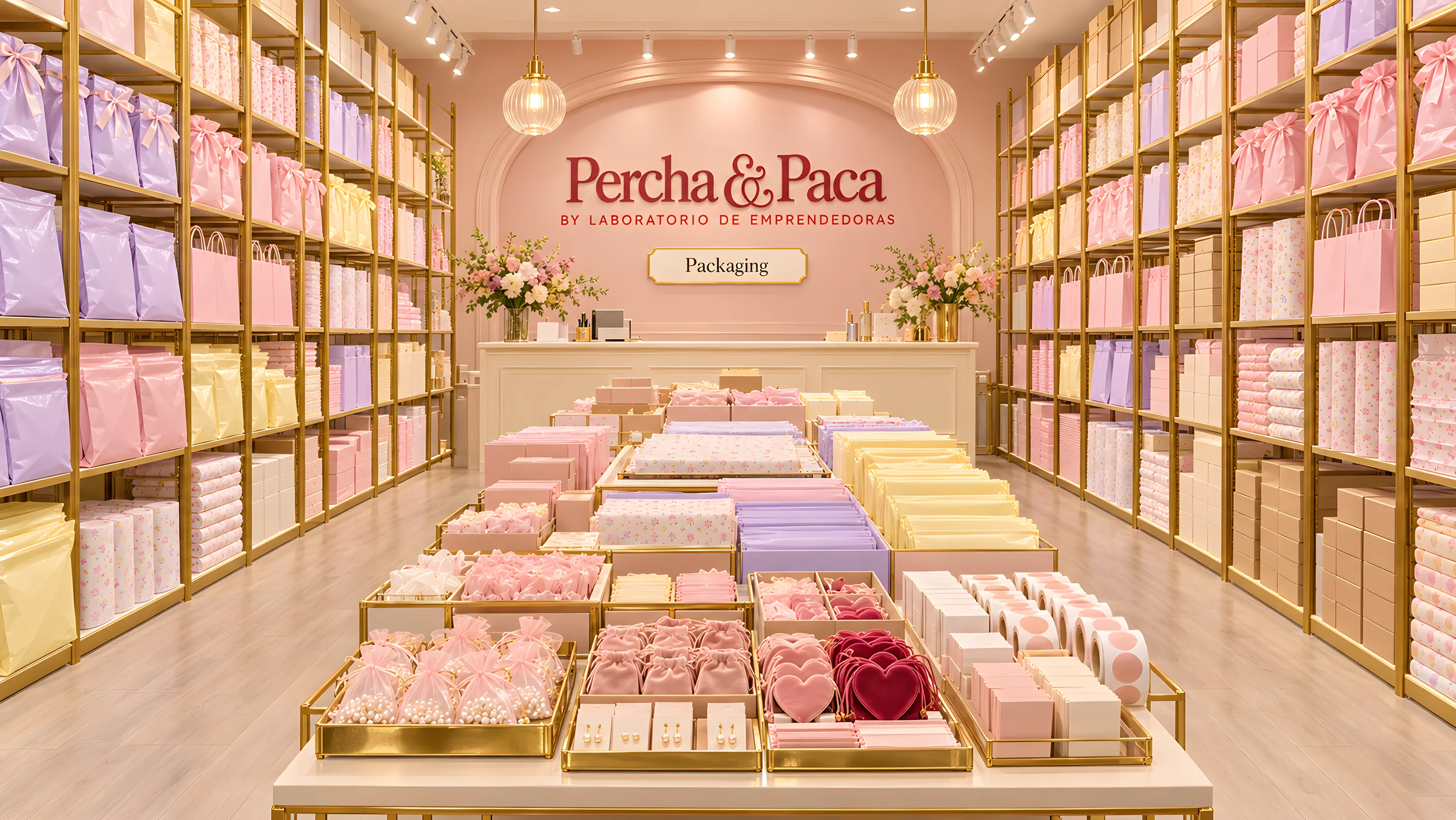Pasillo de Packaging en Percha & Paca: repisas con bolsas de envío, papel, bolsitas de organza y terciopelo, tarjetas y stickers