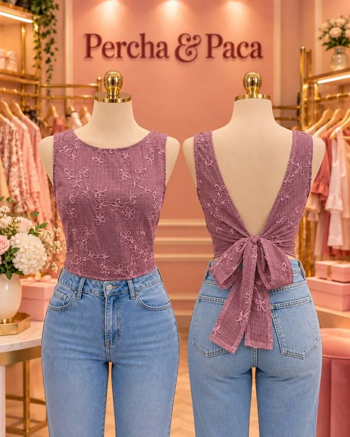 Blusa lila bordada con lazo en la vitrina de Percha & Paca