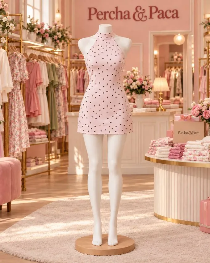 Vestido rosa de lunares con espalda descubierta, frente en la vitrina de Percha & Paca