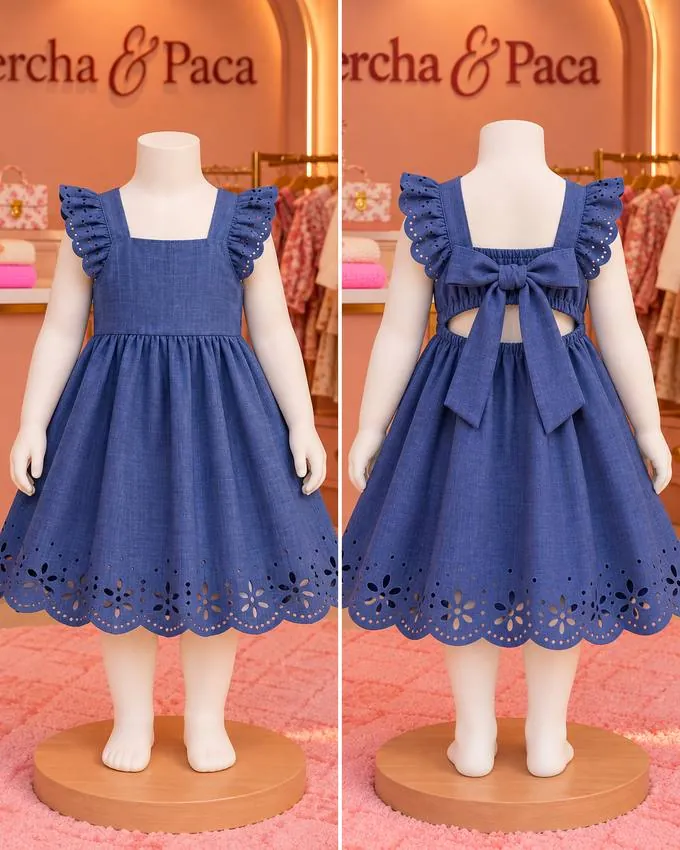 Vestido azul calado con espalda abierta en la vitrina de Percha & Paca