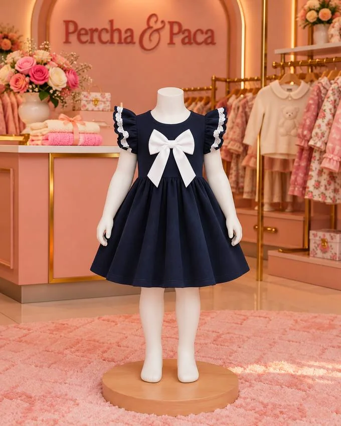 Vestido azul marino con lazo blanco en la vitrina de Percha & Paca