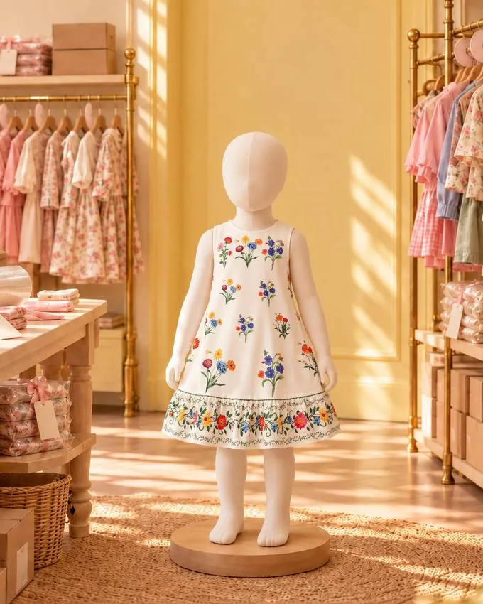 Vestido blanco de flores bordadas en la vitrina de Percha & Paca