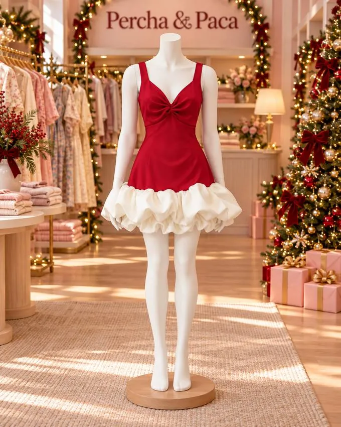 Vestido rojo con volante abullonado blanco en la vitrina de Percha & Paca