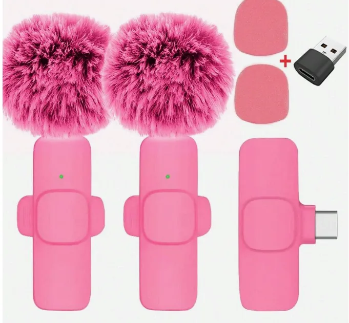 Set de micrófonos inalámbricos rosados con receptor tipo C