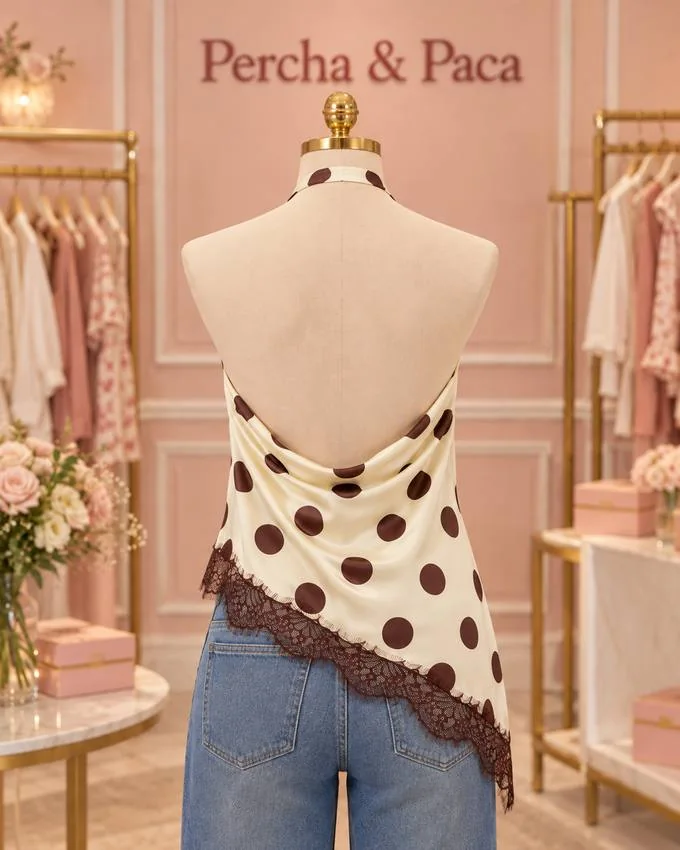 Halter de lunares con encaje, espalda, en la vitrina de Percha & Paca