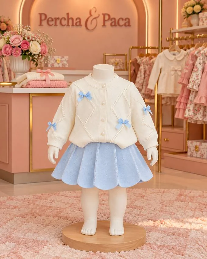 Set cárdigan crema con lazos y falda celeste en la vitrina de Percha & Paca
