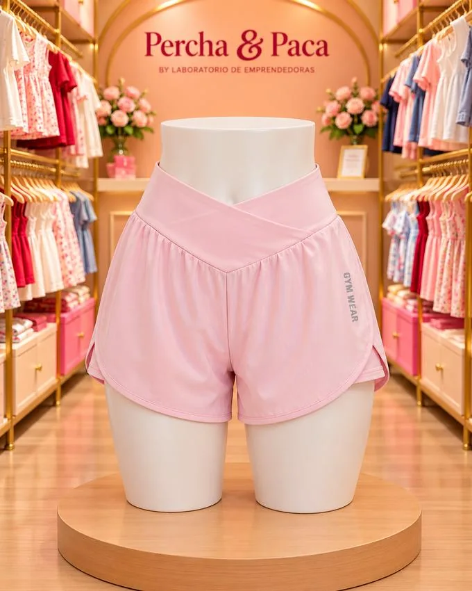 Short rosado de pretina cruzada en la vitrina de Percha & Paca