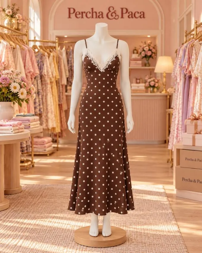 Vestido largo chocolate de lunares con encaje en la vitrina de Percha & Paca