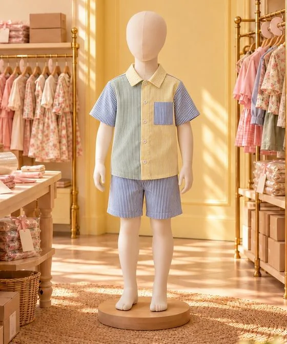 Camisa en bloques y short en la vitrina de Percha & Paca