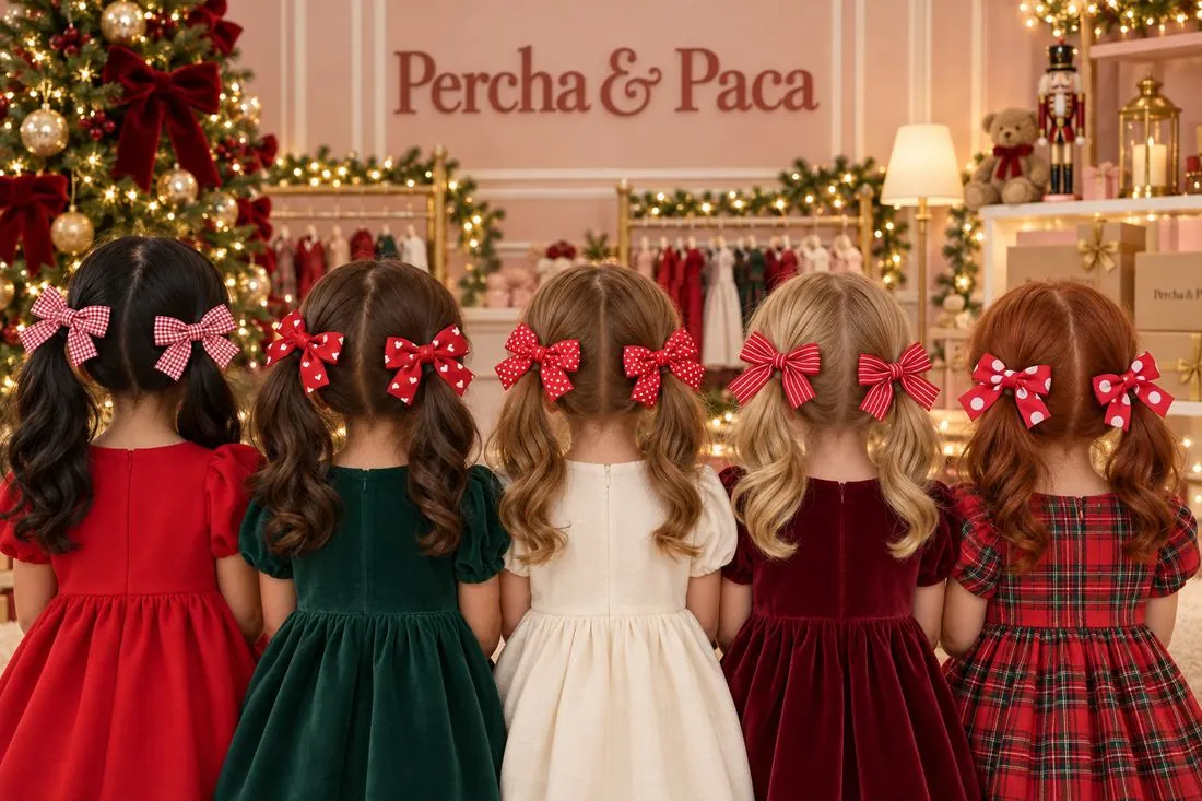 Cinco niñas de espaldas con los lazos navideños en el cabello