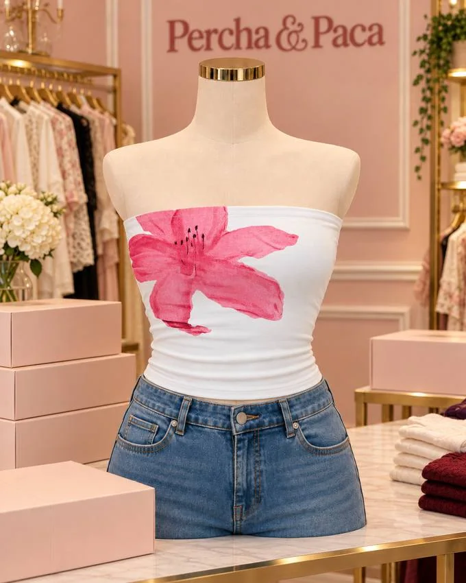 Strapless flor rosada en la vitrina de Percha & Paca