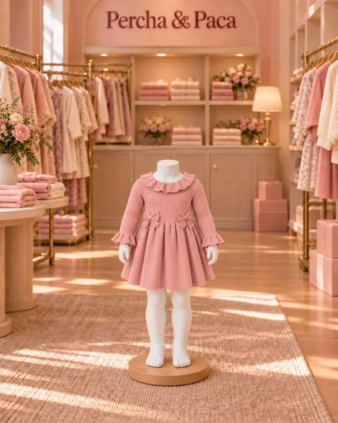Vestido rosado con cuello de volante y lazos en la vitrina de Percha & Paca