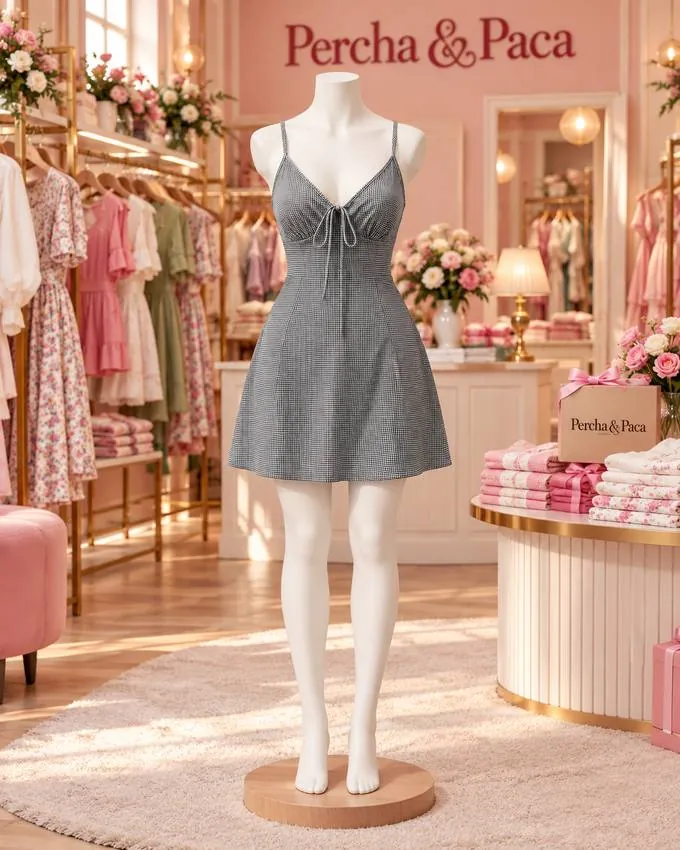 Vestido vichy negro con lazo en la vitrina de Percha & Paca