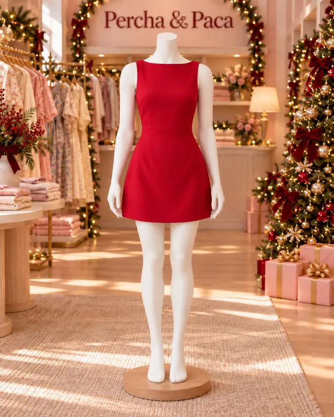 Vestido rojo con lazo en la espalda, frente en la vitrina de Percha & Paca