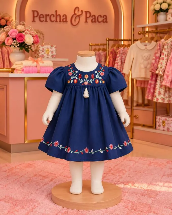 Vestido azul marino bordado de flores en la vitrina de Percha & Paca