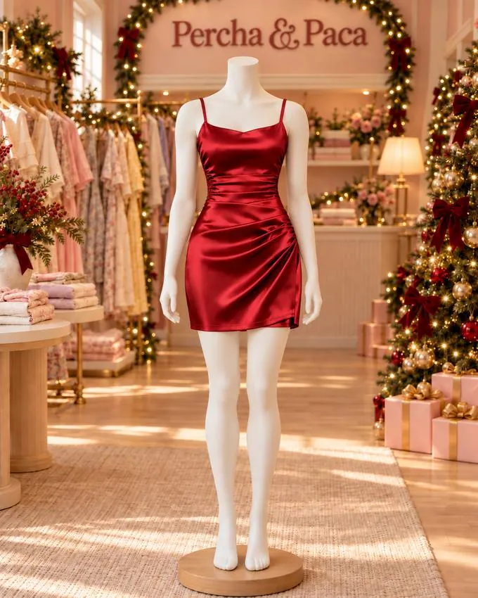 Vestido de satín rojo de tiritas en la vitrina de Percha & Paca