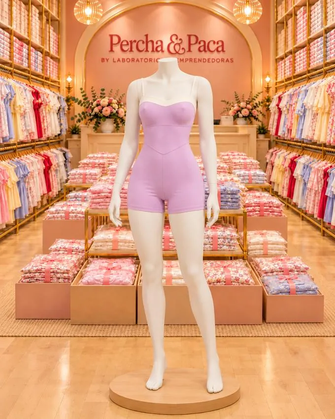 Enterizo lila de espalda abierta, frente en la vitrina de Percha & Paca