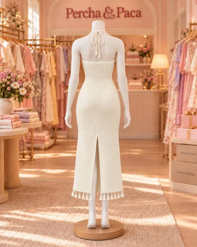 Vestido largo crema de punto con borlas, espalda en la vitrina de Percha & Paca