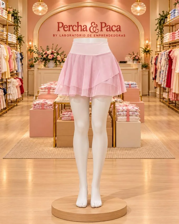 Falda short rosada con tul en la vitrina de Percha & Paca